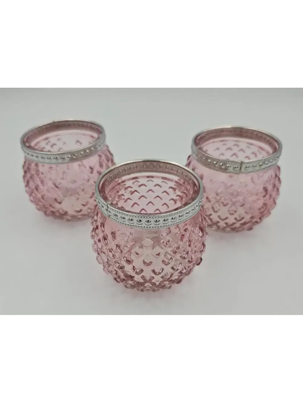 Set of 3 Pink Hobnail Glass Jars/Candle Holders w/Silver Bands